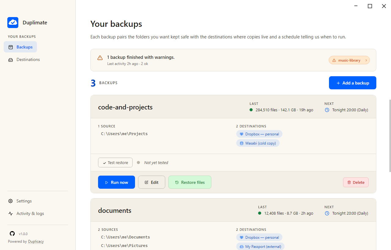 Backups overview with three configured backups