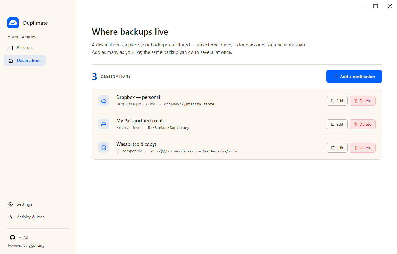 Destinations view with three configured destinations