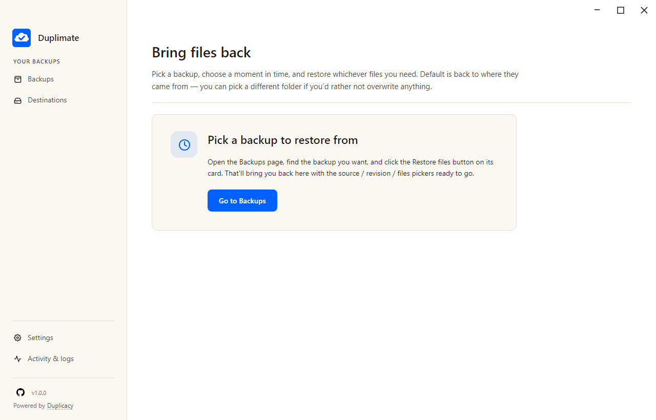 Restore wizard — pick a backup