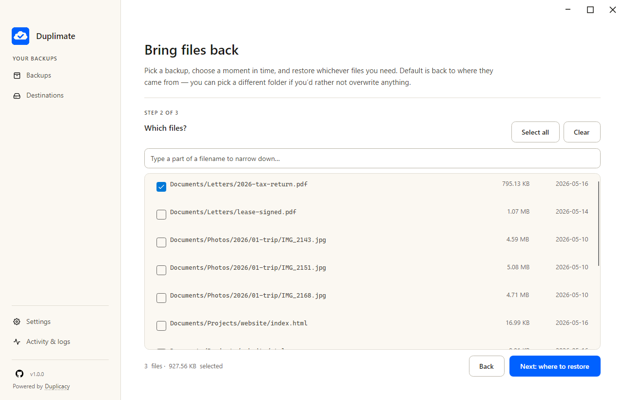 Restore wizard — file picker