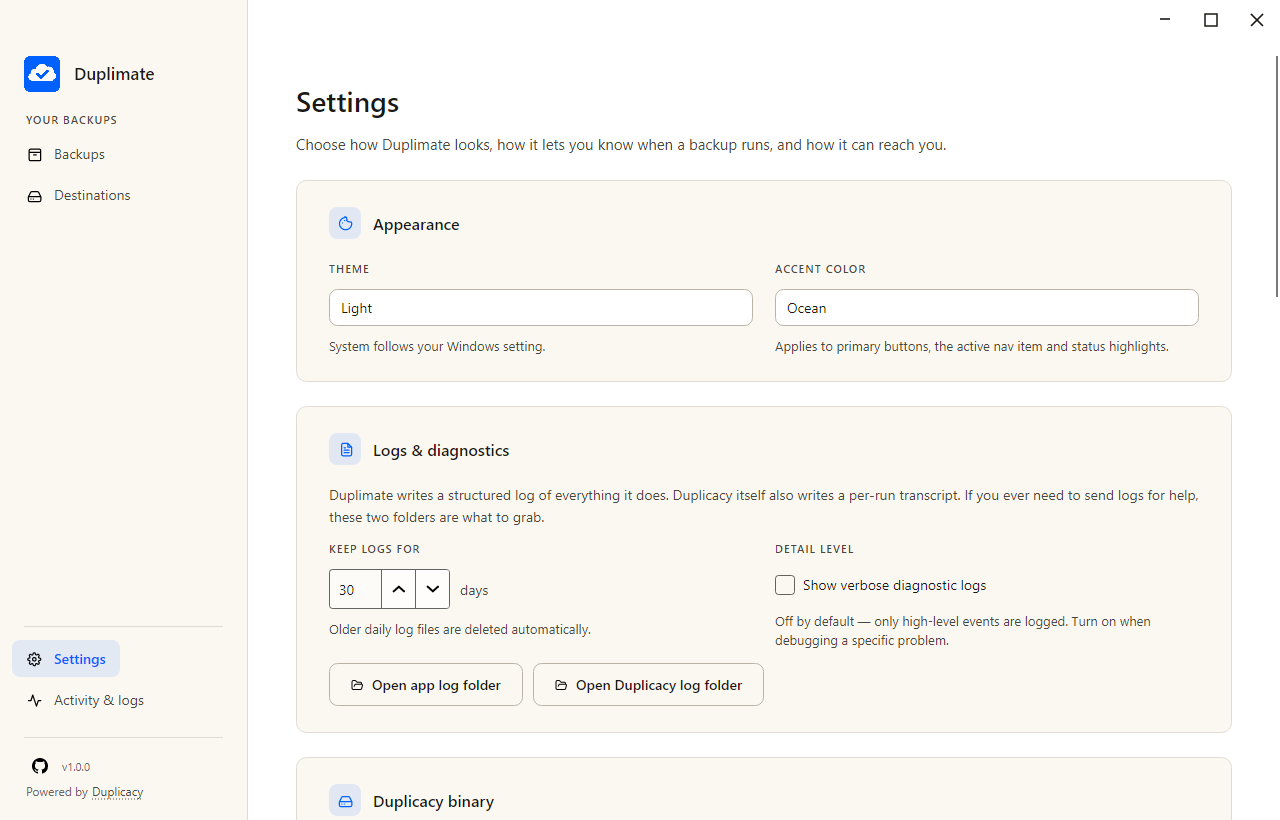 Settings view